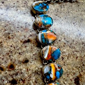 Gorgeous Spiny Oyster Turquoise Coral Blue adjustable Sterling Silver Bracelet